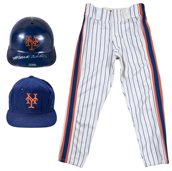 Lot of (3) Mookie Wilson Game Used New York Mets Batting Helmet, Cap & Home Pants (MEARS, JT Sports & Beckett)